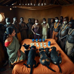 A dusky Indian woman in a traditional saree, looking tired yet serene, is kneeling in prayer with her hands clasped together