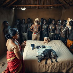 A dusky Indian woman in a traditional saree, looking tired yet serene, is kneeling in prayer with her hands clasped together