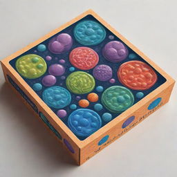 Design a game box featuring vibrant illustrations of cells, mitosis, and other cellular components. The visual elements should be engaging and accurately represent cellular themes, surrounded by fascinating and educational design.