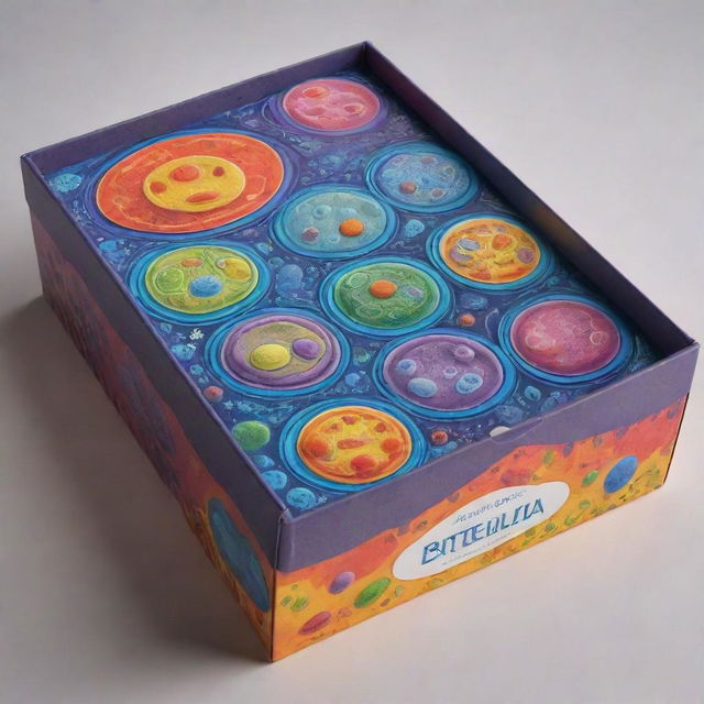 Design a game box featuring vibrant illustrations of cells, mitosis, and other cellular components. The visual elements should be engaging and accurately represent cellular themes, surrounded by fascinating and educational design.