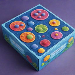 Design a game box featuring vibrant illustrations of cells, mitosis, and other cellular components. The visual elements should be engaging and accurately represent cellular themes, surrounded by fascinating and educational design.