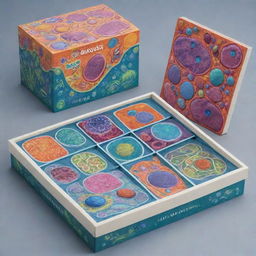 Design a game box featuring vibrant illustrations of cells, mitosis, and other cellular components. The visual elements should be engaging and accurately represent cellular themes, surrounded by fascinating and educational design.