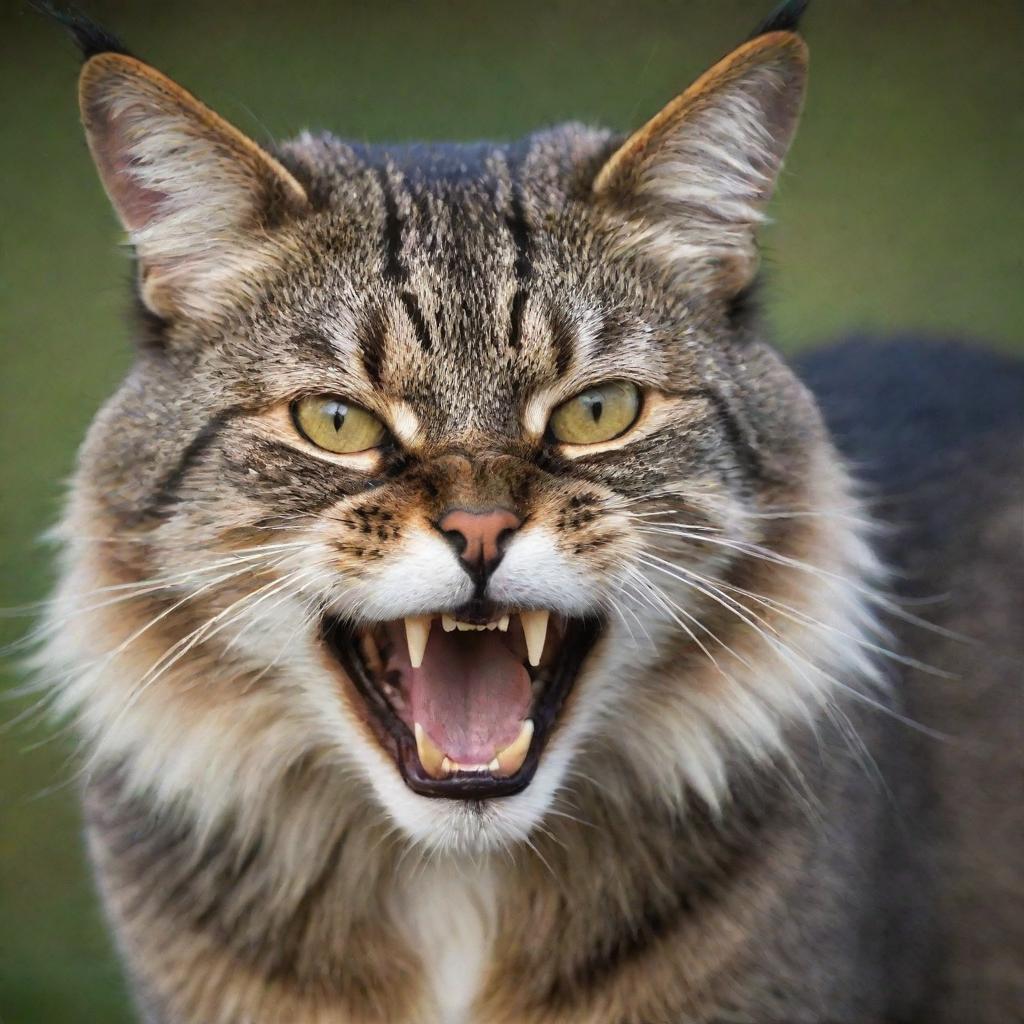 Intensify the earlier domestic cat image, displaying it with a snarl, fur further raised, and with a fiercer gaze.