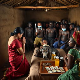 A dusky Indian woman in a traditional saree, appearing tired yet serene, is kneeling in prayer with her hands clasped together