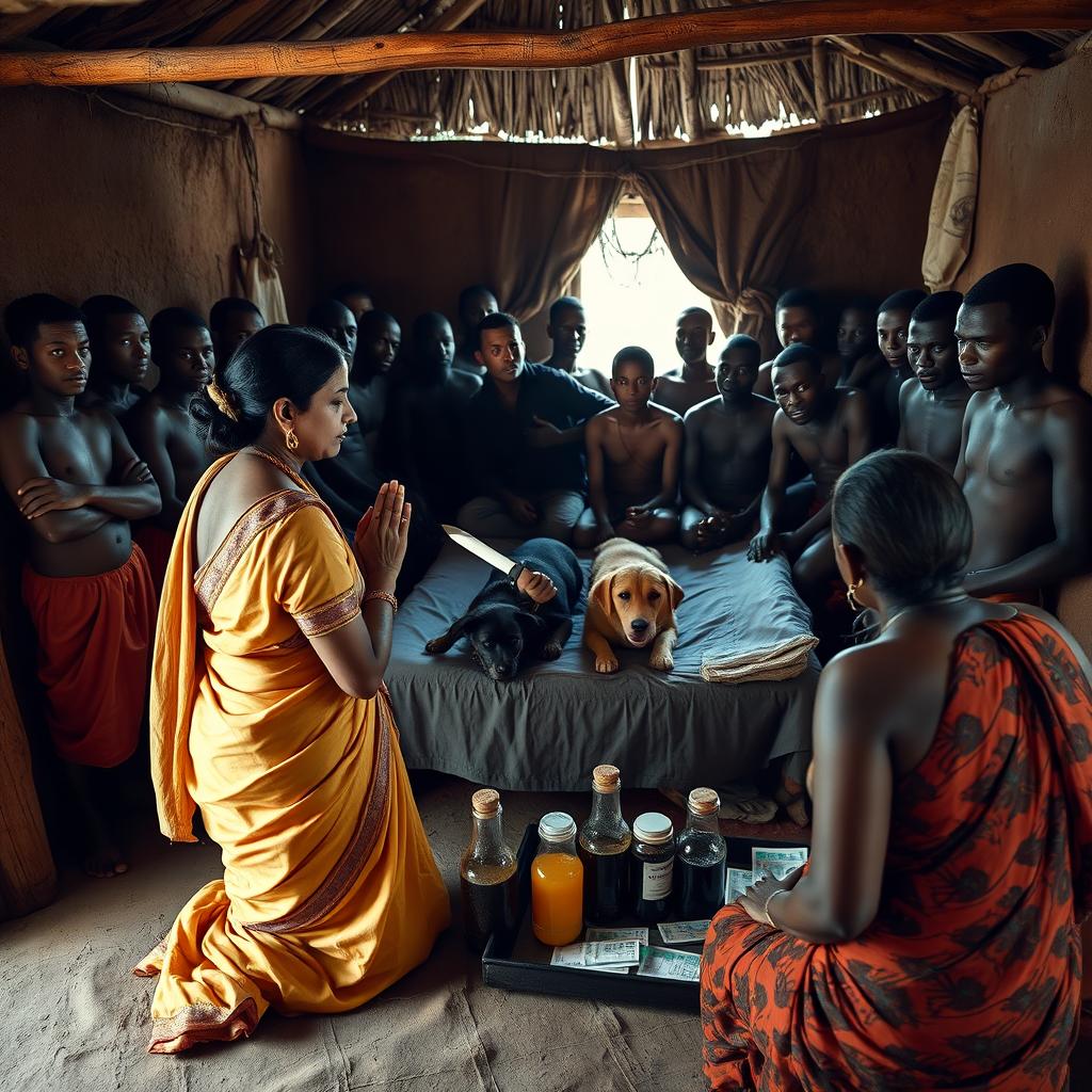 A dusky Indian woman in a traditional saree, appearing tired yet serene, is kneeling in prayer with her hands clasped together