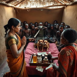 A dusky Indian woman in a traditional saree, appearing tired yet serene, is kneeling in prayer with her hands clasped together