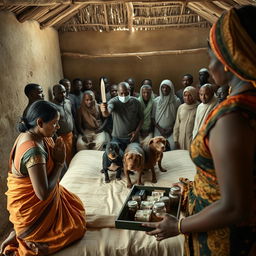 A dusky Indian woman in a traditional saree, appearing tired yet serene, is kneeling in prayer with her hands clasped together