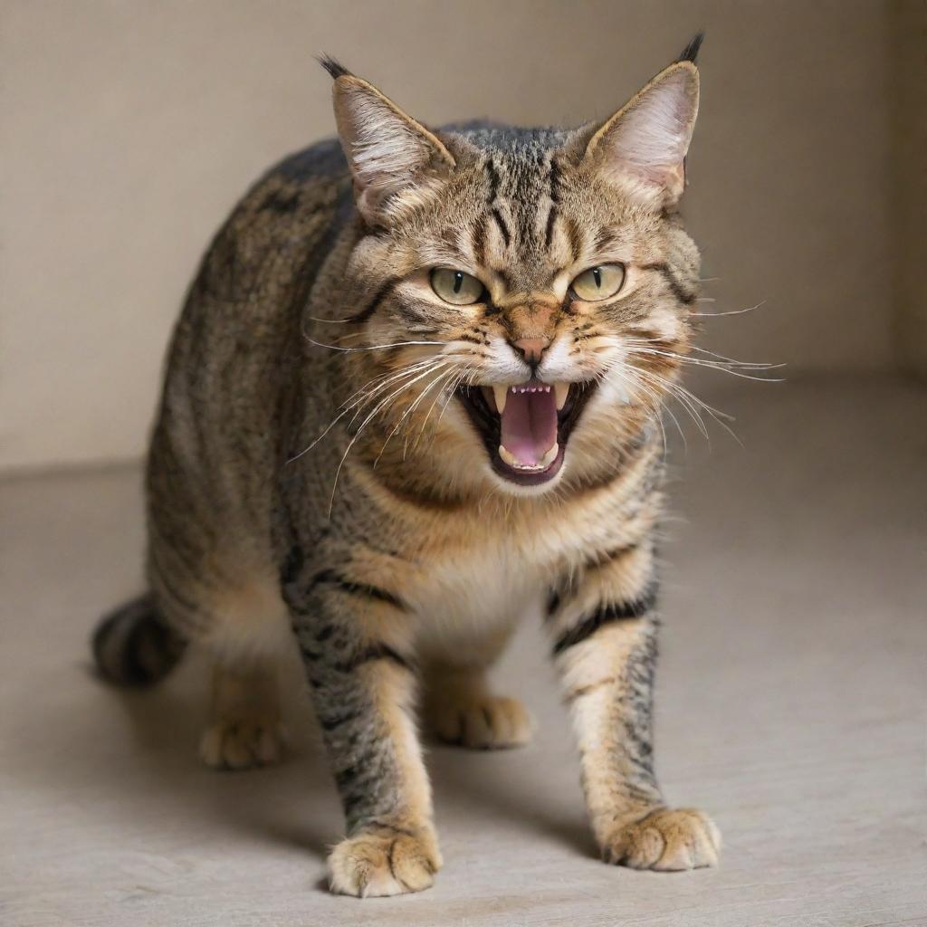 The same domestic cat, now transformed into the meanest feline creature on earth, characterized by a terrifying snarl, piercing gaze, and a terrifyingly aggressive posture.