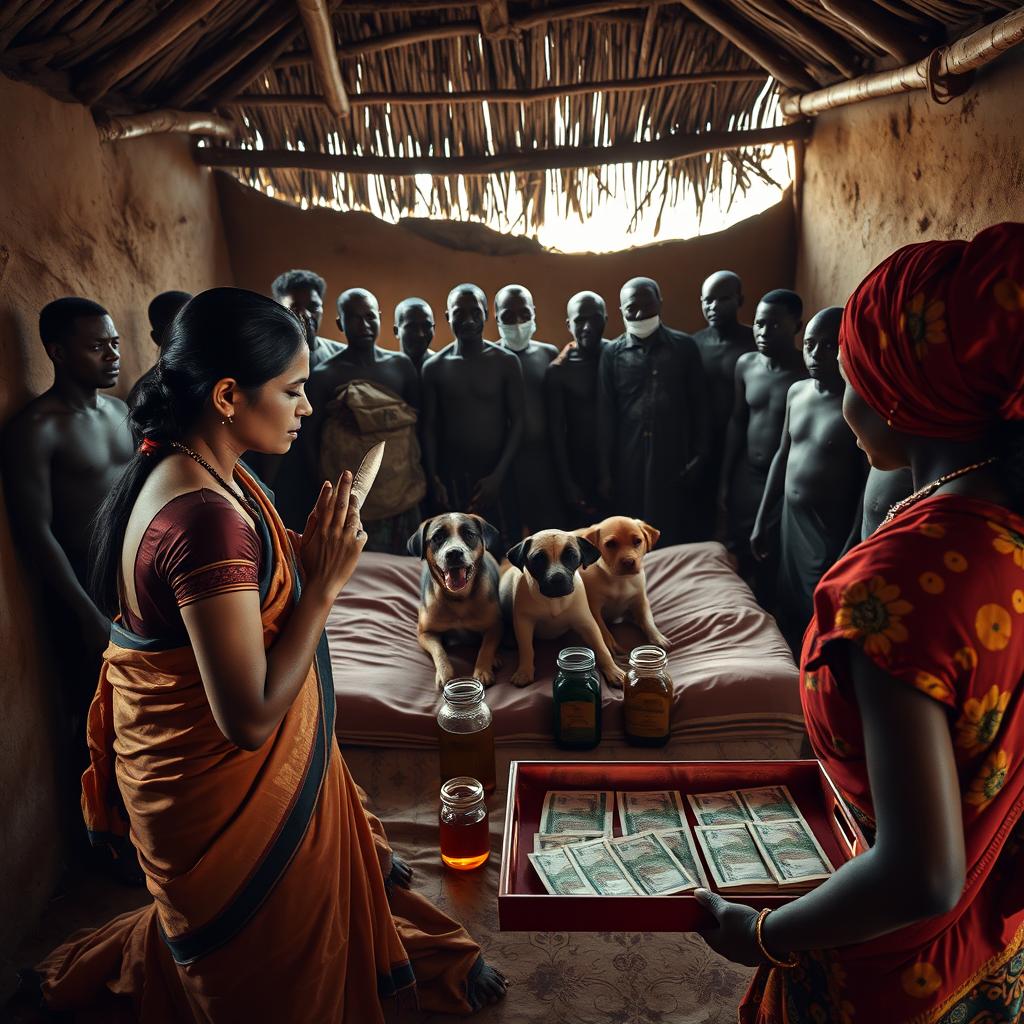 A dusky Indian woman in a traditional saree, appearing tired yet serene, is kneeling in prayer with her hands clasped together