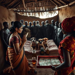 A dusky Indian woman in a traditional saree, appearing tired yet serene, is kneeling in prayer with her hands clasped together