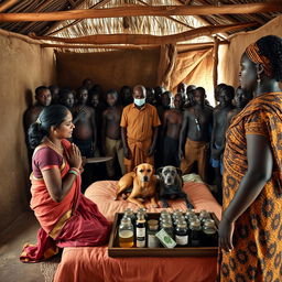 A dusky Indian woman in a traditional saree, appearing tired yet serene, is kneeling in prayer with her hands clasped together