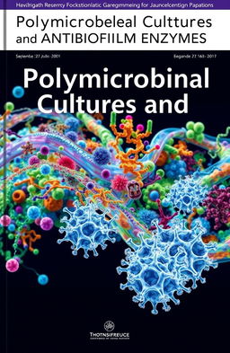 A striking scientific journal cover featuring the title 'Polymicrobial Cultures and ANTIBIOFILM Enzymes' prominently displayed in bold, modern typography