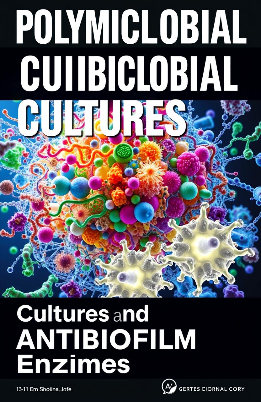 A striking scientific journal cover featuring the title 'Polymicrobial Cultures and ANTIBIOFILM Enzymes' prominently displayed in bold, modern typography