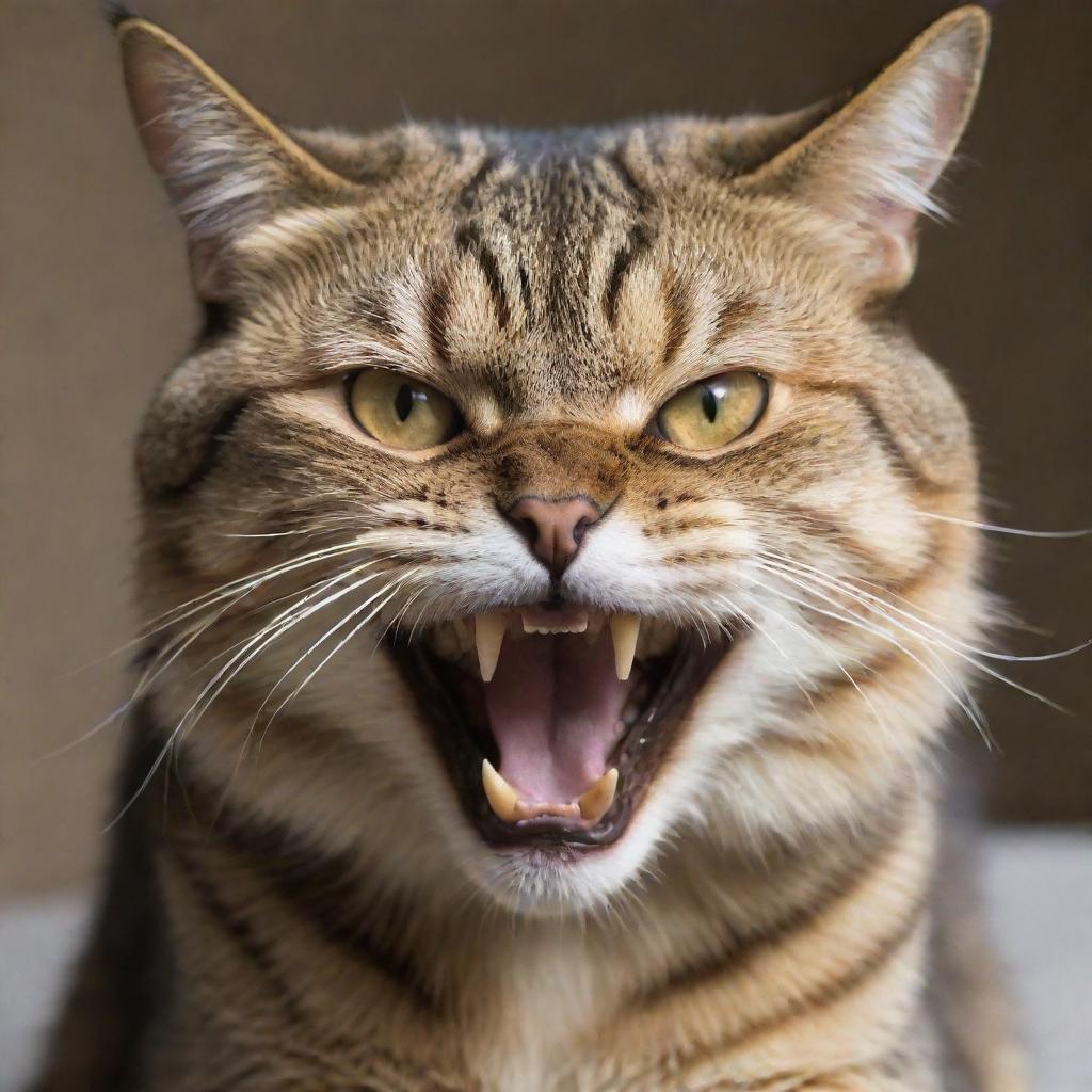 The same domestic cat, now transformed into the meanest feline creature on earth, characterized by a terrifying snarl, piercing gaze, and a terrifyingly aggressive posture.