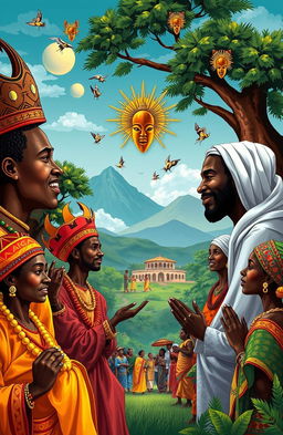 A thought-provoking illustration depicting the diverse mentality of religious Africans, showcasing vibrant scenes of community worship, cultural ceremonies, and spiritual expressions