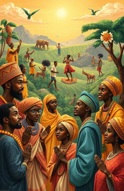 A thought-provoking illustration depicting the diverse mentality of religious Africans, showcasing vibrant scenes of community worship, cultural ceremonies, and spiritual expressions