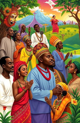 A thought-provoking illustration depicting the diverse mentality of religious Africans, showcasing vibrant scenes of community worship, cultural ceremonies, and spiritual expressions