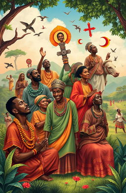 A thought-provoking illustration depicting the diverse mentality of religious Africans, showcasing vibrant scenes of community worship, cultural ceremonies, and spiritual expressions