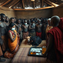 A dusky Indian woman in a traditional saree, looking tired yet resolute, is kneeling in prayer with her hands clasped together