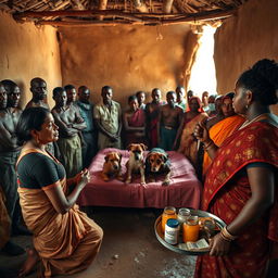 A dusky Indian woman in a traditional saree, looking tired yet resolute, is kneeling in prayer with her hands clasped together