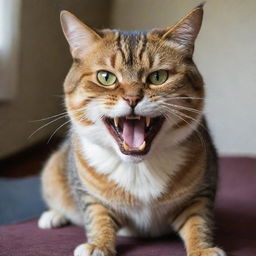 The same domestic cat, now transformed into the meanest feline creature on earth, characterized by a terrifying snarl, piercing gaze, and a terrifyingly aggressive posture.