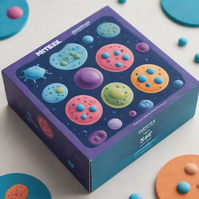 Design a modern, Gen Z game box featuring striking illustrations of cells, mitosis, and other cellular components. Emphasize a contemporary and bold title in a style that would appeal to the Gen Z demographic.