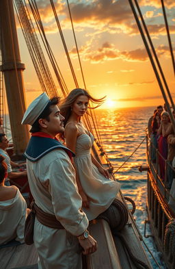 A captivating scene featuring a sailor on a grand ship, surrounded by a diverse crew engaged in lively activities on deck