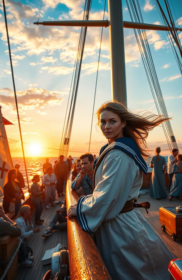 A captivating scene featuring a sailor on a grand ship, surrounded by a diverse crew engaged in lively activities on deck