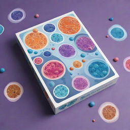 Design a modern, Gen Z game box featuring striking illustrations of cells, mitosis, and other cellular components. Emphasize a contemporary and bold title in a style that would appeal to the Gen Z demographic.