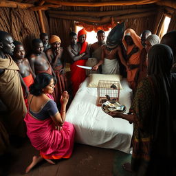 A dusky, tired-looking Indian woman in a bright saree, kneeling in prayer with a fearful expression, facing a group of 15 angry African men in traditional attire standing around a simple bed in a rustic hut