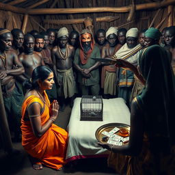 A dusky, tired-looking Indian woman in a bright saree, kneeling in prayer with a fearful expression, facing a group of 15 angry African men in traditional attire standing around a simple bed in a rustic hut