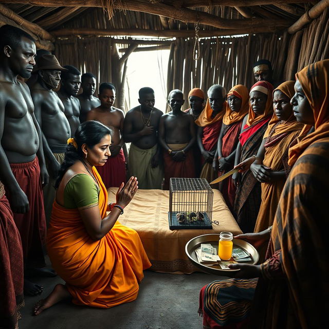 A dusky, tired-looking Indian woman in a bright saree, kneeling in prayer with a fearful expression, facing a group of 15 angry African men in traditional attire standing around a simple bed in a rustic hut