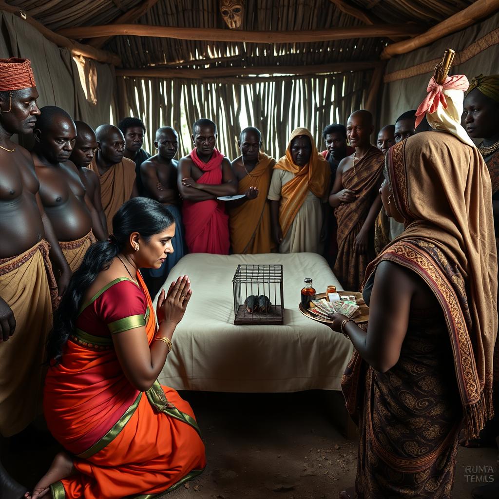 A dusky, tired-looking Indian woman in a bright saree, kneeling in prayer with a fearful expression, facing a group of 15 angry African men in traditional attire standing around a simple bed in a rustic hut