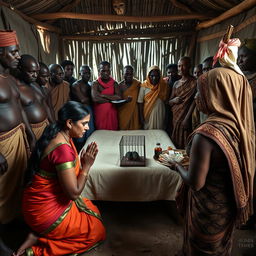 A dusky, tired-looking Indian woman in a bright saree, kneeling in prayer with a fearful expression, facing a group of 15 angry African men in traditional attire standing around a simple bed in a rustic hut