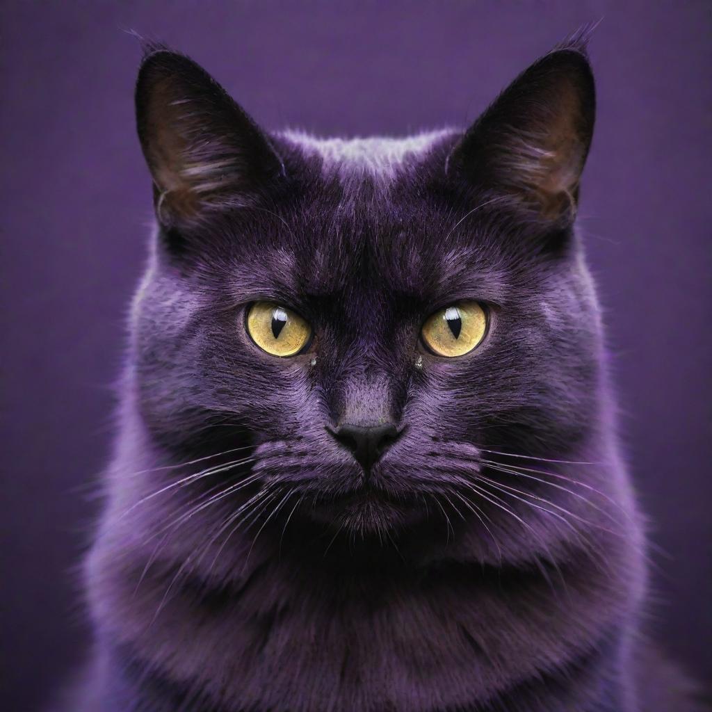 The supremely menacing domestic cat now cloaked in deep, vibrant shades of purple, further intensifying its commanding presence.