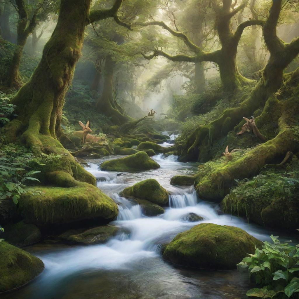 A whimsical and enchanting fantasy landscape, featuring a serene river flowing through a mystical forest with ethereal creatures frolicking in the abundant, lush greenery.