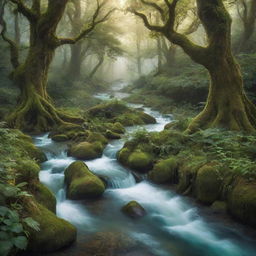 A whimsical and enchanting fantasy landscape, featuring a serene river flowing through a mystical forest with ethereal creatures frolicking in the abundant, lush greenery.