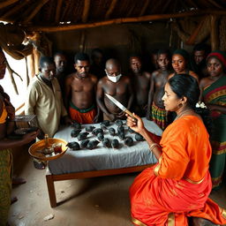 A dusky, tired-looking Indian woman in a vibrant saree, kneeling in prayer with a worried expression, facing a formidable group of 15 angry African men around a simple bed inside a rustic hut