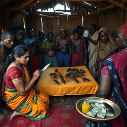 A dusky, tired-looking Indian woman in a vibrant saree, kneeling in prayer with a worried expression, facing a formidable group of 15 angry African men around a simple bed inside a rustic hut