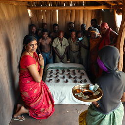 A dusky, tired-looking Indian woman in a vibrant saree, kneeling in prayer with a worried expression, facing a formidable group of 15 angry African men around a simple bed inside a rustic hut