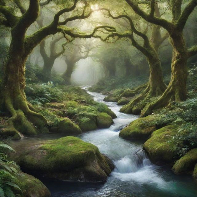 A whimsical and enchanting fantasy landscape, featuring a serene river flowing through a mystical forest with ethereal creatures frolicking in the abundant, lush greenery.