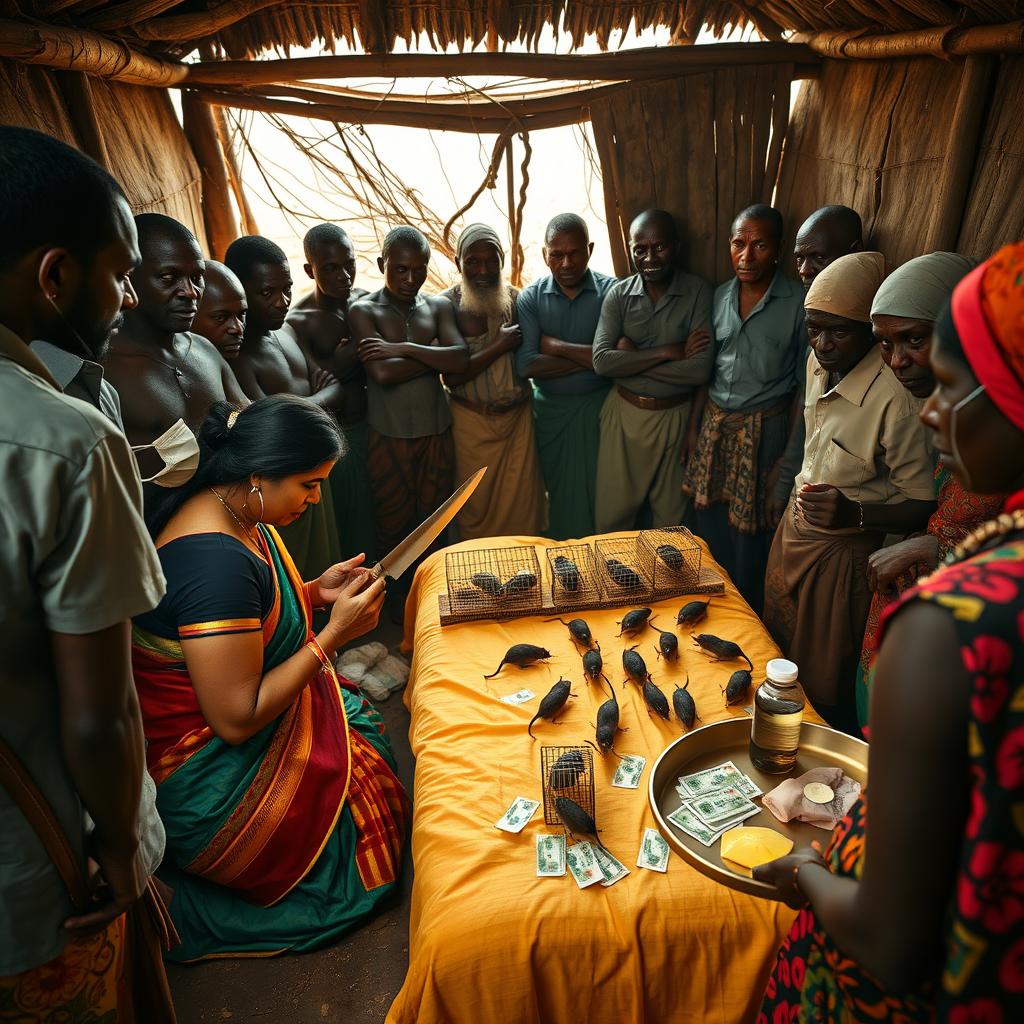 A dusky, tired-looking Indian woman in a vibrant saree, kneeling in prayer with a worried expression, facing a formidable group of 15 angry African men around a simple bed inside a rustic hut