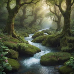 A whimsical and enchanting fantasy landscape, featuring a serene river flowing through a mystical forest with ethereal creatures frolicking in the abundant, lush greenery.