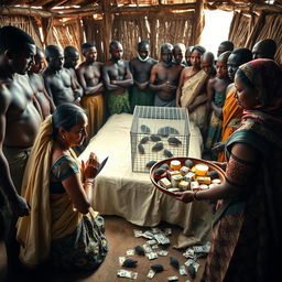 A dusky, tired-looking Indian woman in a beautifully patterned saree, kneeling in prayer with a concerned expression, facing a group of 15 angry African men encircling a simple bed in a rustic hut