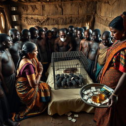 A dusky, tired-looking Indian woman in a beautifully patterned saree, kneeling in prayer with a concerned expression, facing a group of 15 angry African men encircling a simple bed in a rustic hut