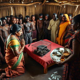 A dusky, tired-looking Indian woman in a beautifully patterned saree, kneeling in prayer with a concerned expression, facing a group of 15 angry African men encircling a simple bed in a rustic hut