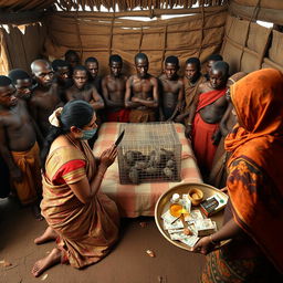 A dusky, tired-looking Indian woman in a beautifully patterned saree, kneeling in prayer with a concerned expression, facing a group of 15 angry African men encircling a simple bed in a rustic hut