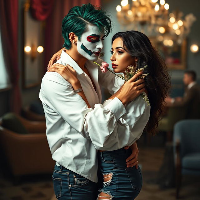 A dramatic and artistic portrayal of a fashionable couple posed in a stylish and intimate dance