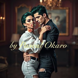 A dramatic and artistic portrayal of a fashionable couple posed in a stylish and intimate dance