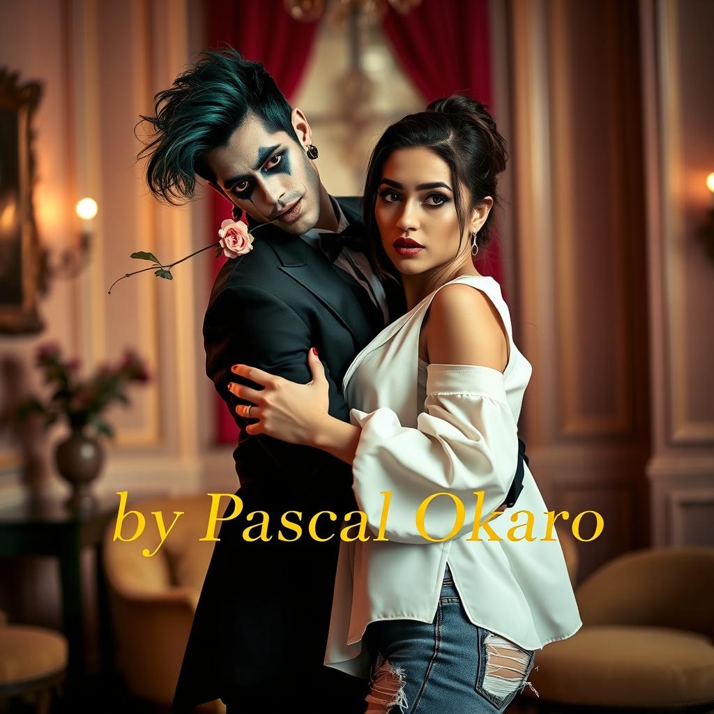 A dramatic and artistic portrayal of a fashionable couple posed in a stylish and intimate dance